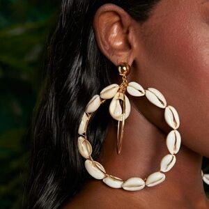 Cowrie Shell Beachy Front Facing Big Double Hoop Earrings